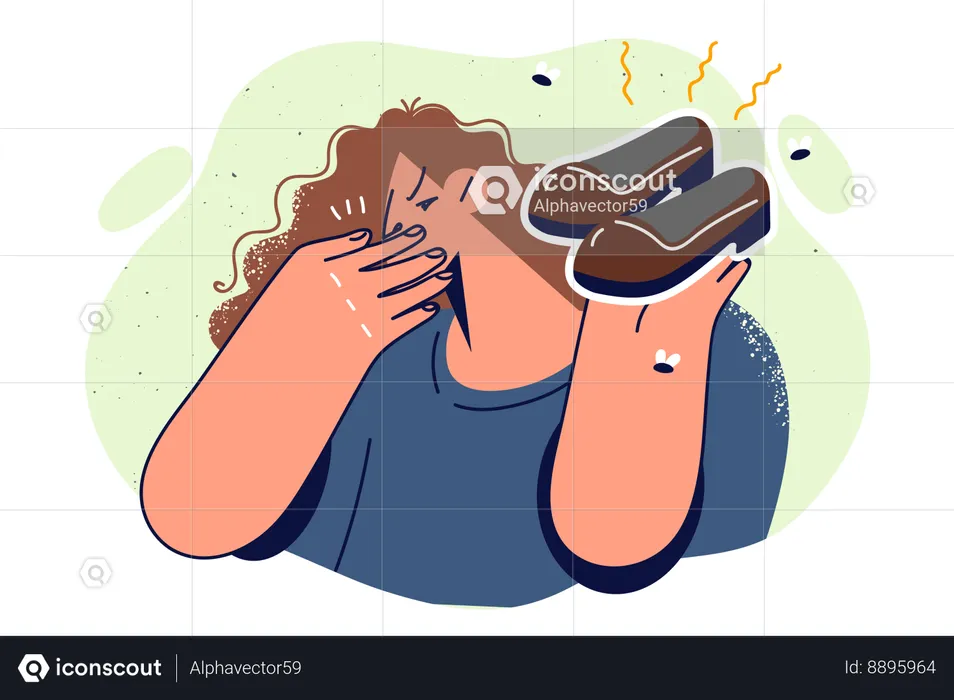 Woman holds smelly shoes and covers nose disgusted by smell caused by sweating or skin fungus  Illustration