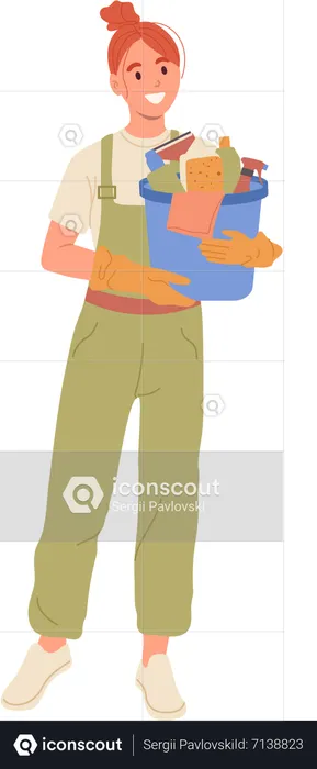 Woman house worker carrying bucket with cleaning supplies  Illustration