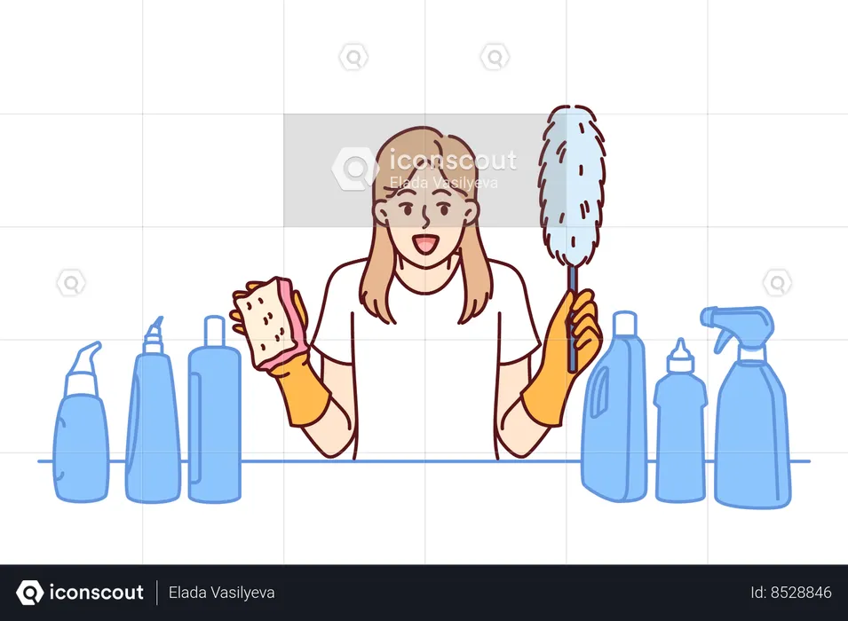 Woman housekeeper holds cleaning brush in hands  Illustration