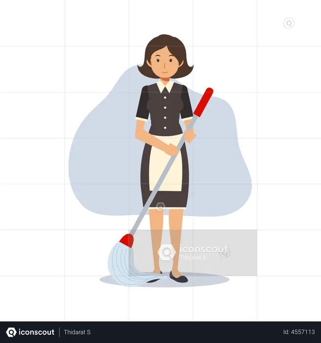 Woman housekeeper with cleaning mop  Illustration