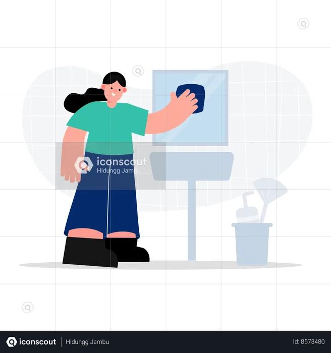 Woman housekeeping worker cleaning the glass window  Illustration
