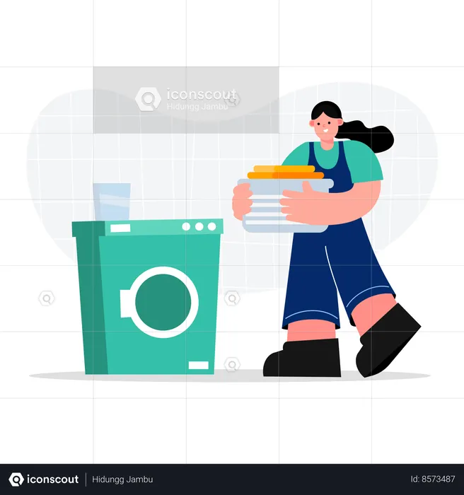 Woman housekeeping worker operating washing machine  Illustration