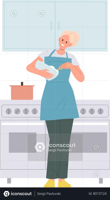 Young woman holding bowl cooking at home kitchen apartment  Illustration