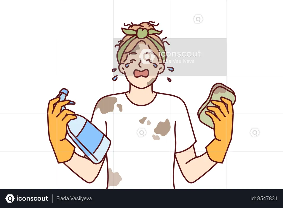 Woman housewife in dirty clothes is crying because of large amount housework and lack of rest  Illustration