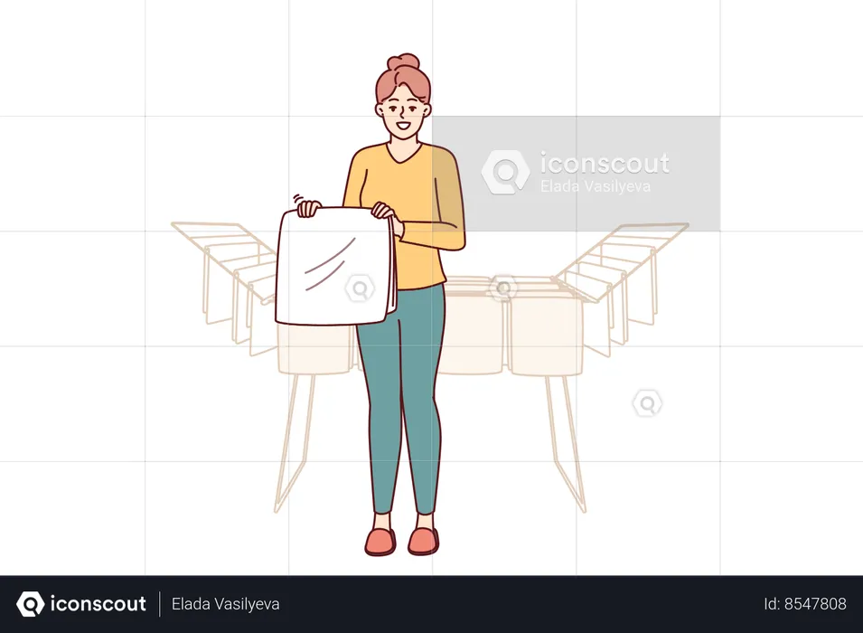Woman housewife stands near dryer with clean towels doing household chores to create comfort  Illustration