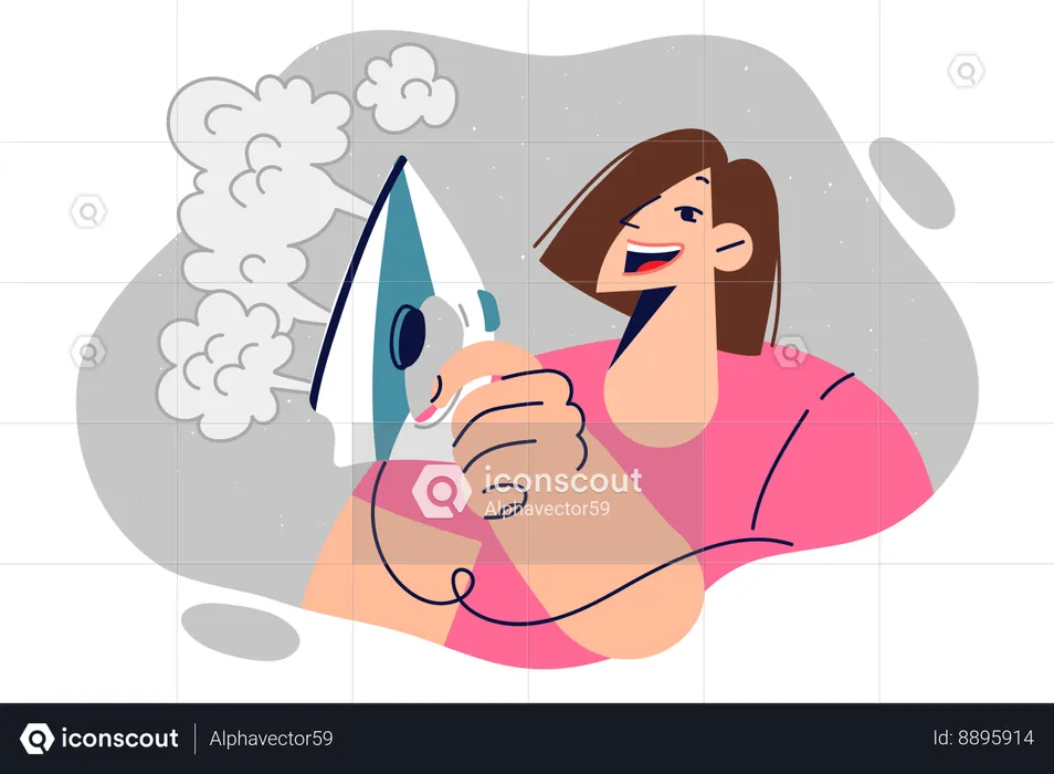 Woman housewife uses iron with steam function  Illustration