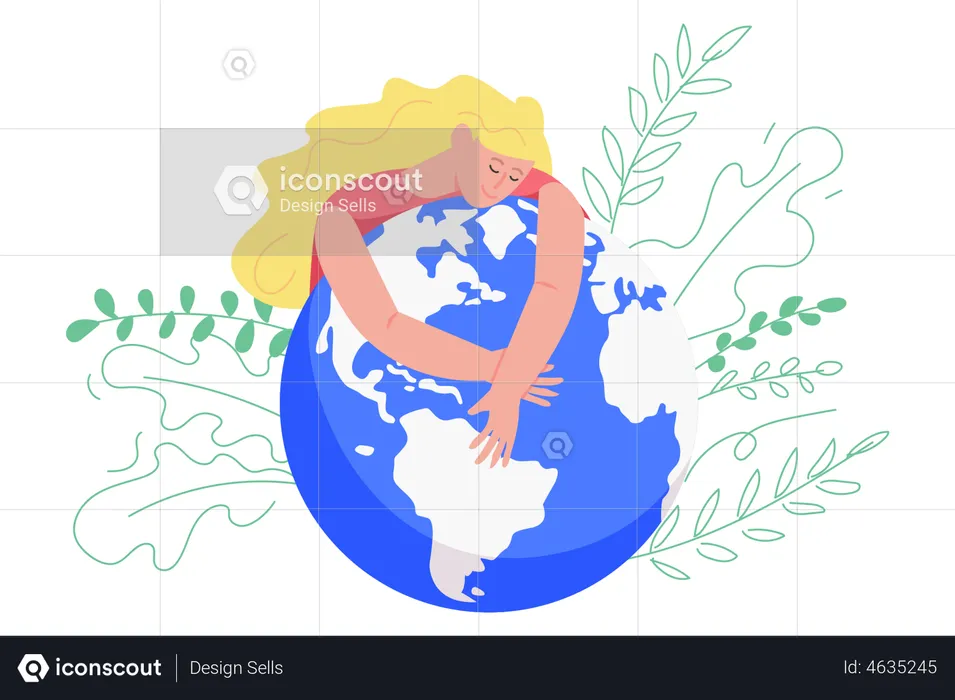 Woman hugging and expresses love to planet  Illustration