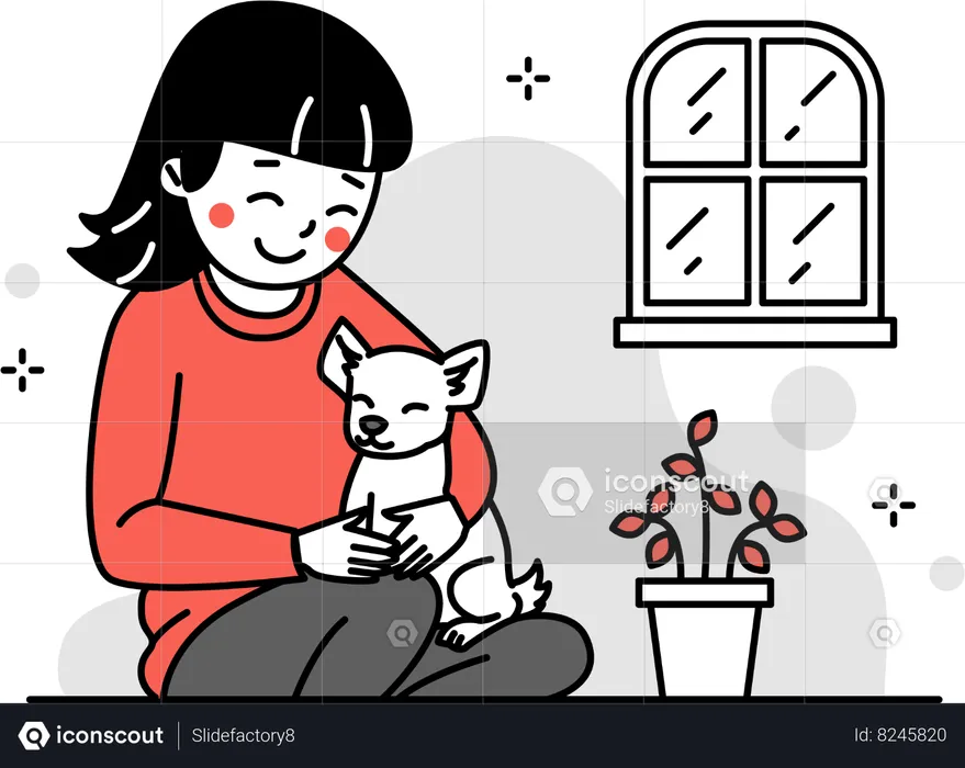 Woman Hugging  Dog  Illustration