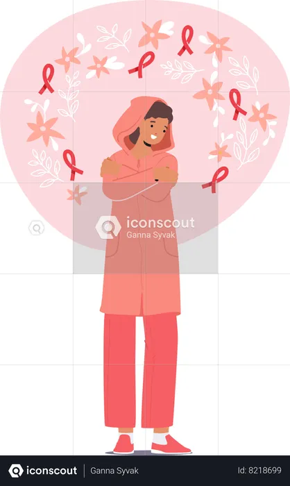 Woman Hugging Herself with Pink Ribbons around  Illustration