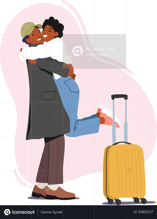 Woman Hugging Man With Suitcase Meet Lover In Airport  Illustration