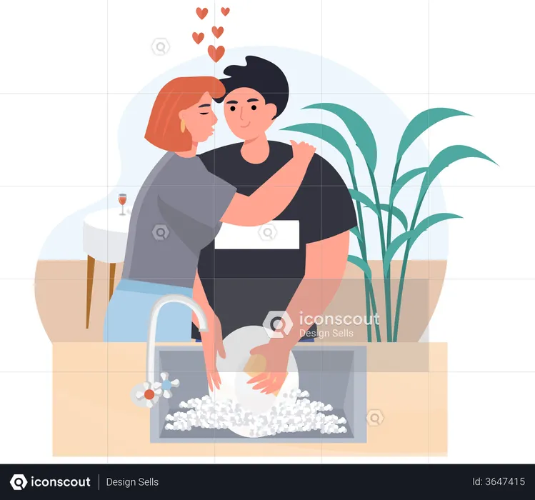 Woman Hugging while Man Washing Dishes  Illustration