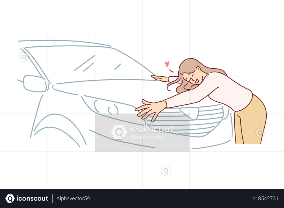 Woman hugs new car standing in car dealership  Illustration
