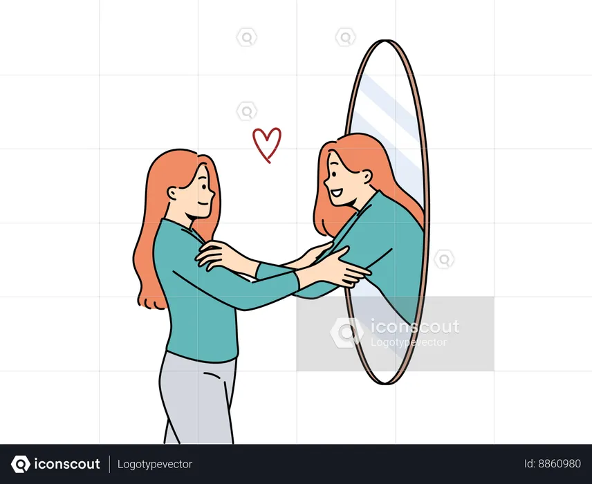Woman hugs own reflection in mirror demonstrating narcissism and high self-esteem  Illustration