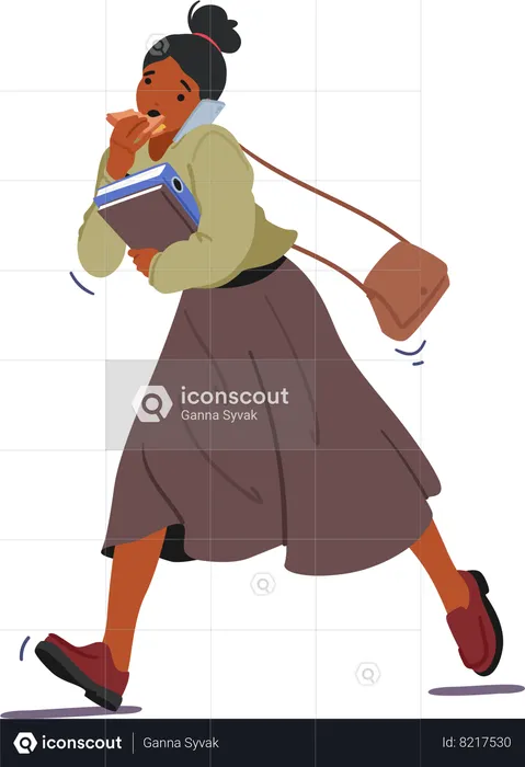 Woman Hurriedly savors a quick meal while multitasking on the move  Illustration
