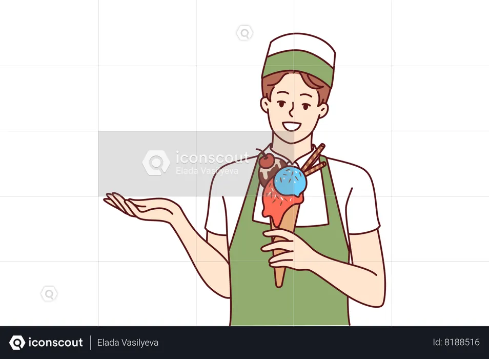 Woman ice cream seller selling dessert cone offering fruit delicacy  Illustration