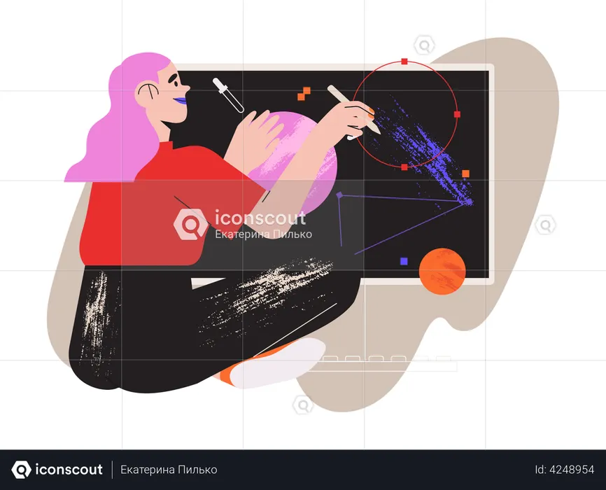 Woman illustrator working in Graphics editor  Illustration