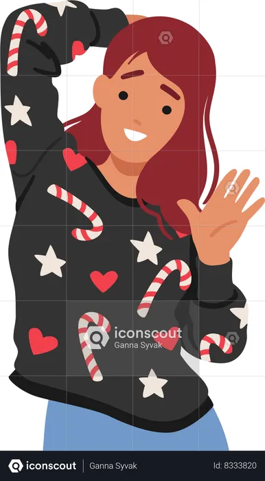 Woman In A Festive Christmas Sweater Adorned  Illustration