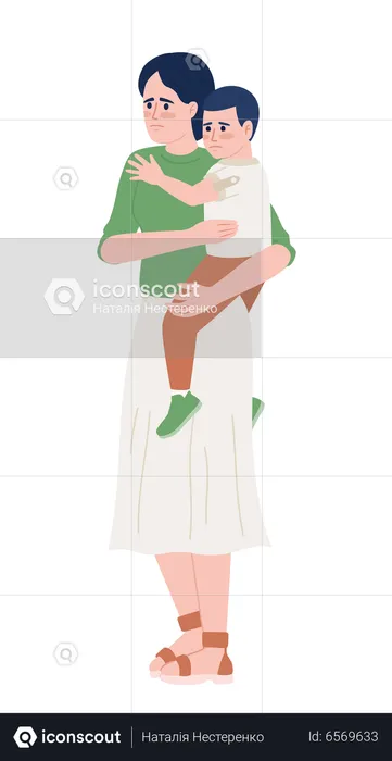 Woman in anxious mood holding toddler son  Illustration