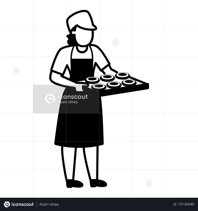 Woman in apron holding baking tray bread  Illustration