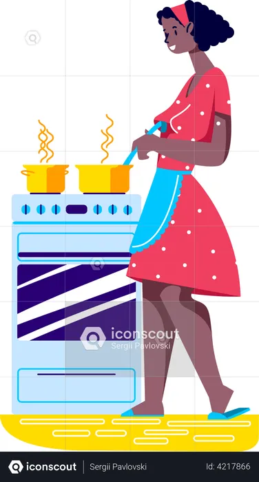 Woman in apron standing preparing dinner  Illustration