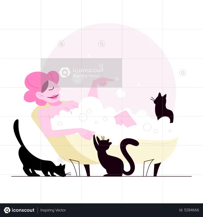 Woman in bathtub with pets  Illustration