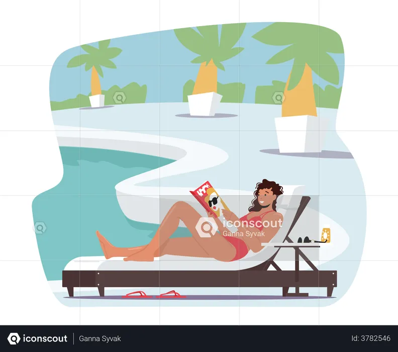 Woman in Bikini Sitting on Deck Chair at Poolside or Beach Read Interesting Book  Illustration