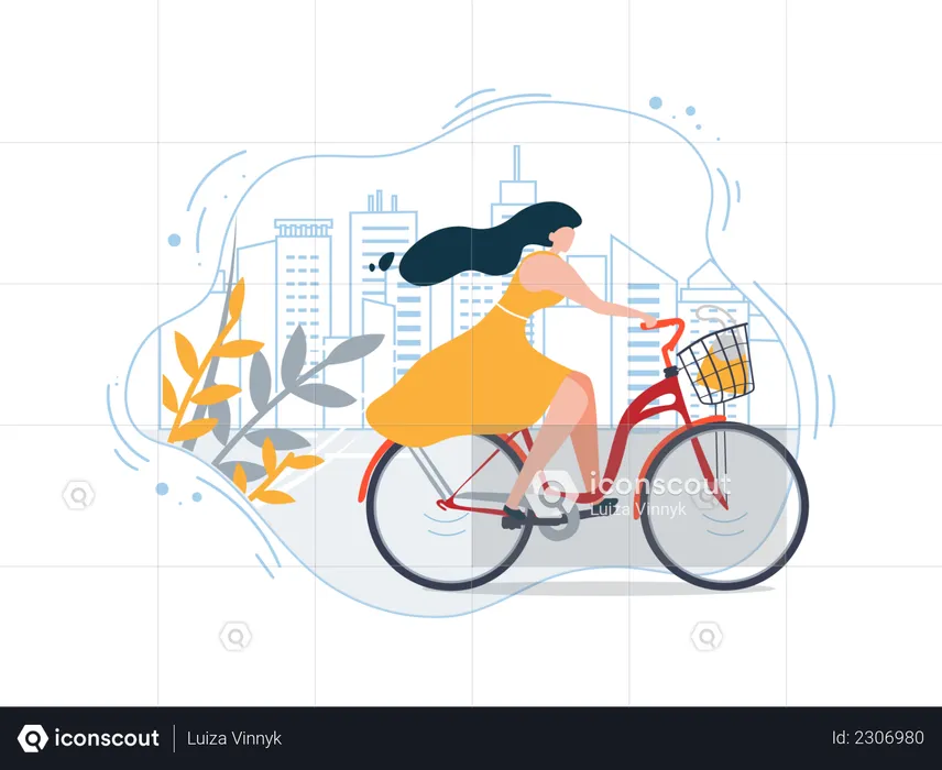 Woman in Dress Ride Bike City Street  Illustration