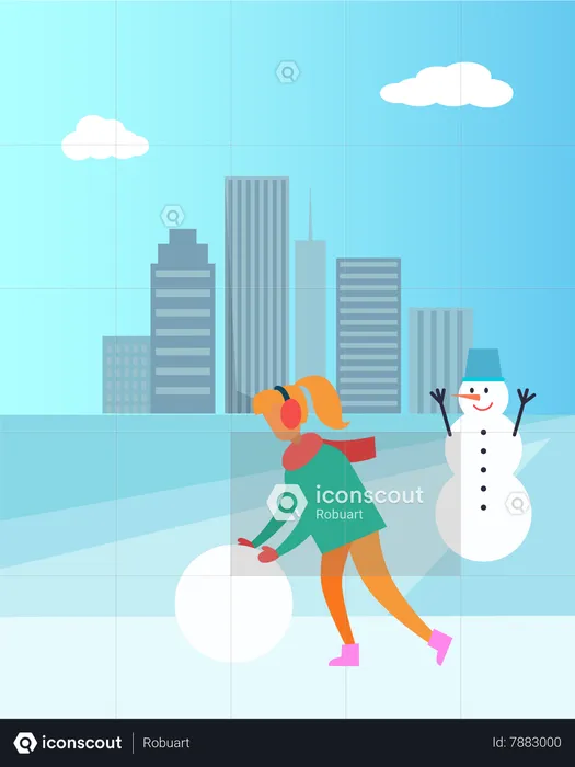 Woman in Earphones Make Snowman  Illustration