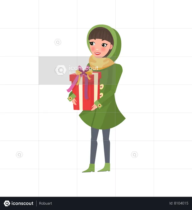 Woman in Green Winter Coat with Big Present Gift  Illustration
