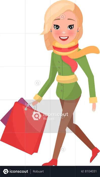 Woman in Green Winter Coat with Packages in Hands  Illustration