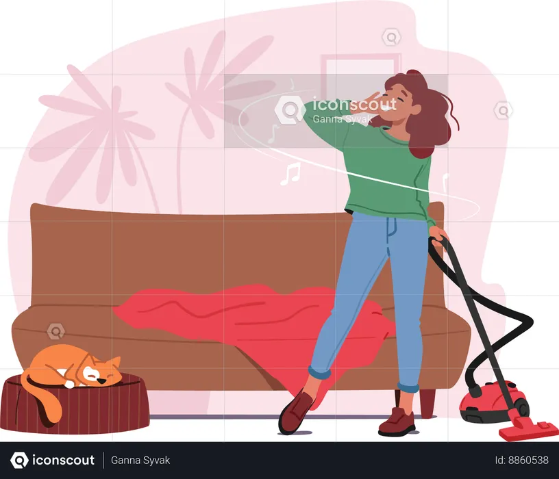 Woman In Headphones Dances with Vacuum cleaner In Hand  Illustration