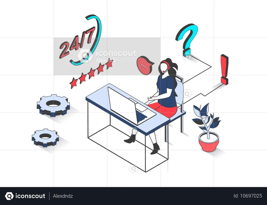 Woman in headset answering calls and online messages  Illustration