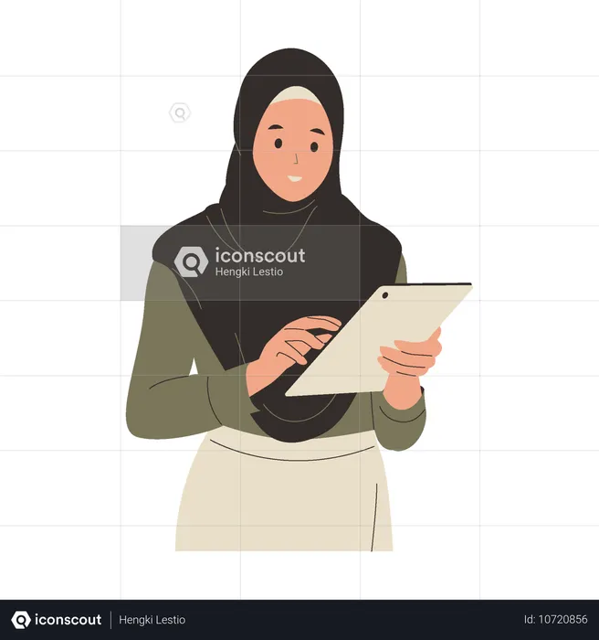 Woman in hijab working with tablet  Illustration