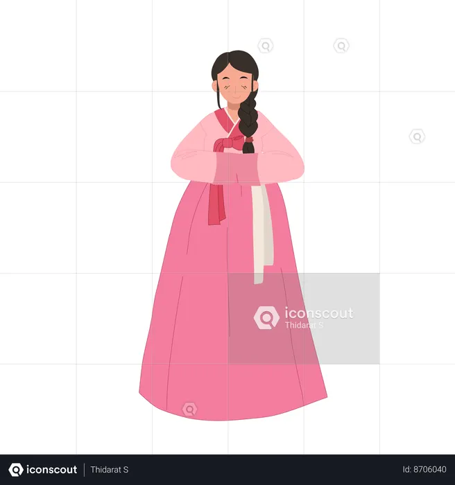 Woman in korean hanbok greeting people  Illustration