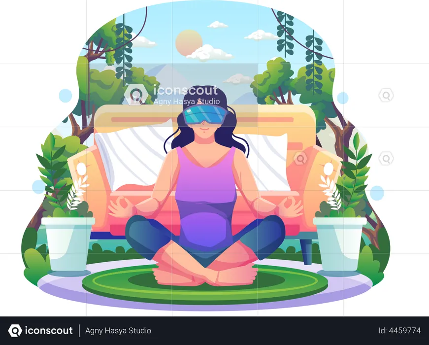 Woman in lotus posture wearing VR glasses practices yoga and meditation  Illustration