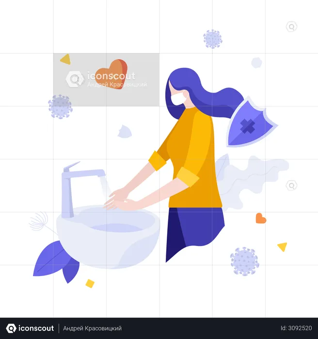 Woman in medical mask standing at sink and washing hands  Illustration