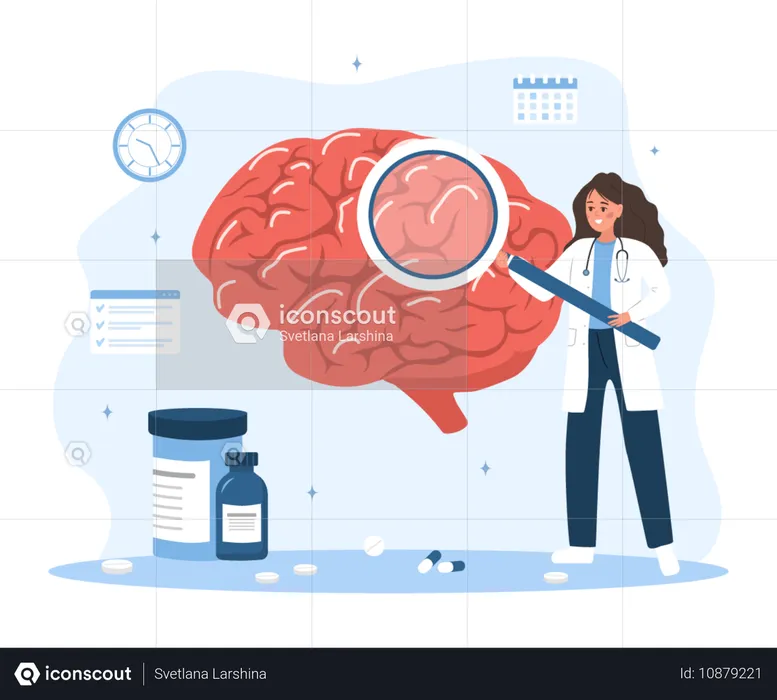 Woman in medical uniform with magnifying glass analyzes internal organ  Illustration