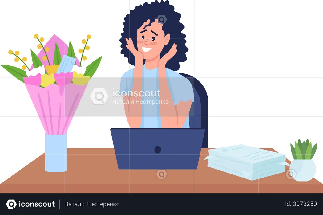 Woman in office surprised by flowers  Illustration