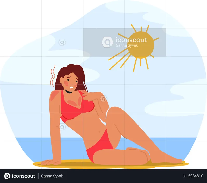 Woman In Pain With Skin Sunburn On Beach  Illustration
