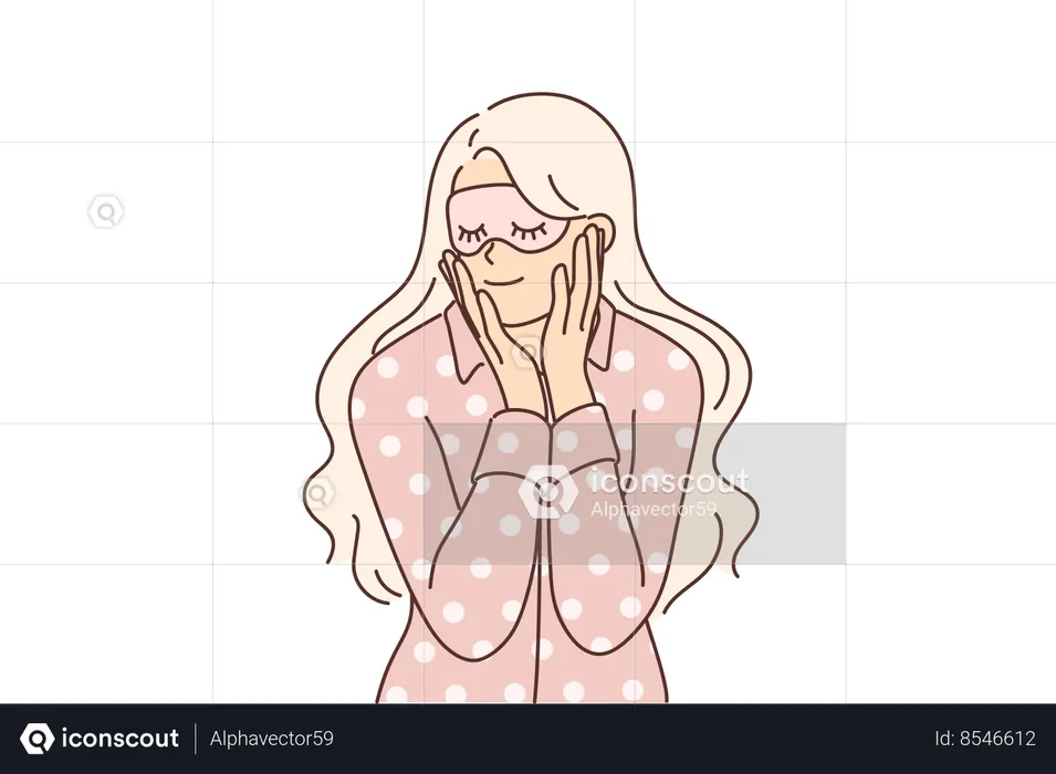 Woman in pajamas and sleep mask smiles getting ready for night rest after hard day work  Illustration