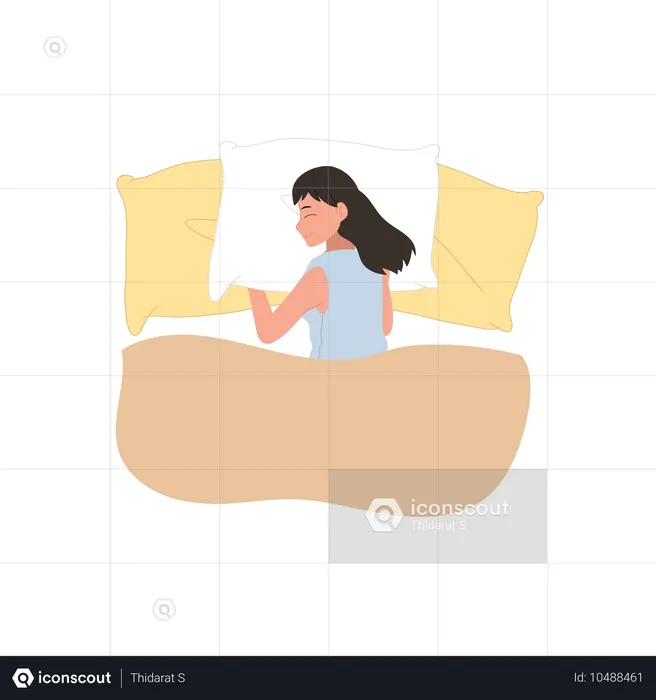 Woman in pajamas sleeping peacefully on a bed  Illustration