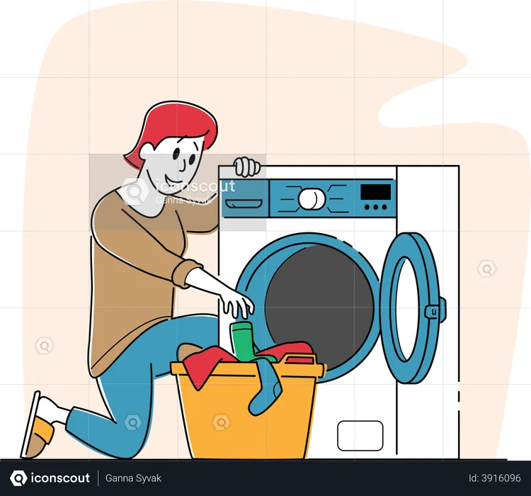 Woman in Public Laundry Laying Clean Clothes to Basket  Illustration