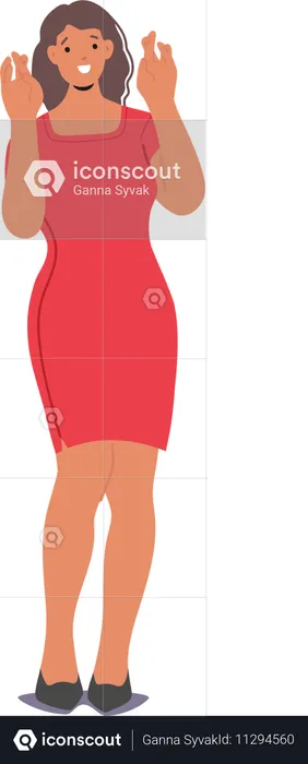 Woman In  Red Dress With Fingers Crossed Expressing Hope And Positivity  Illustration