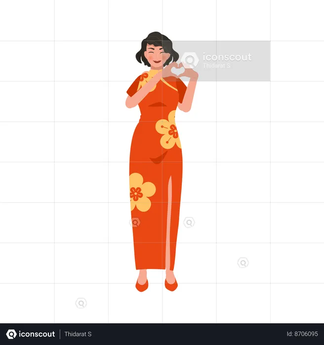 Woman in red dress with heart hand gesture  Illustration