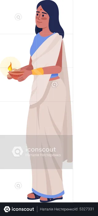 Woman in sari with burning diya  Illustration