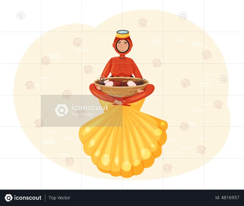 Woman in scuba suit holds seafood, national dish  Illustration