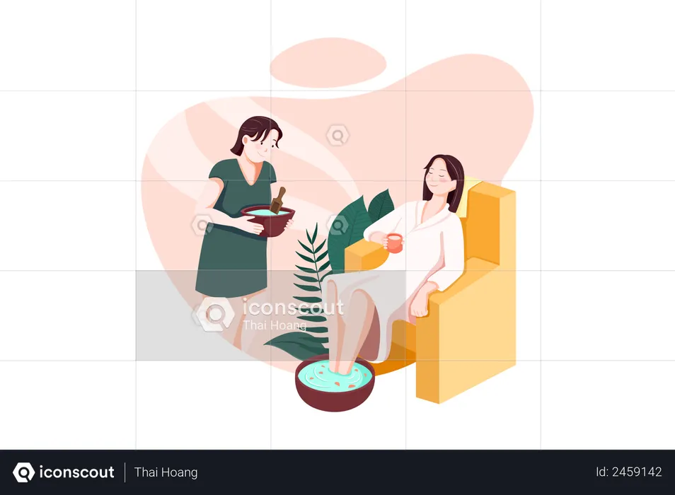 Woman in spa salon, girl lying on couch, masseur prepare making massage to client in cozy room  Illustration