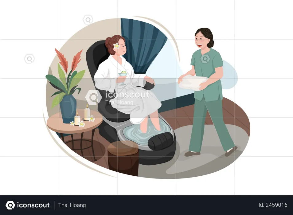 Woman in spa salon, girl lying on couch, masseur prepare making massage to client in cozy room with professional equipment  Illustration