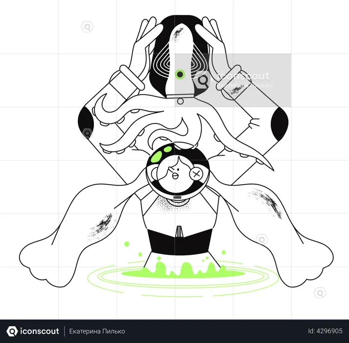 Woman in space suit hold alien  Illustration