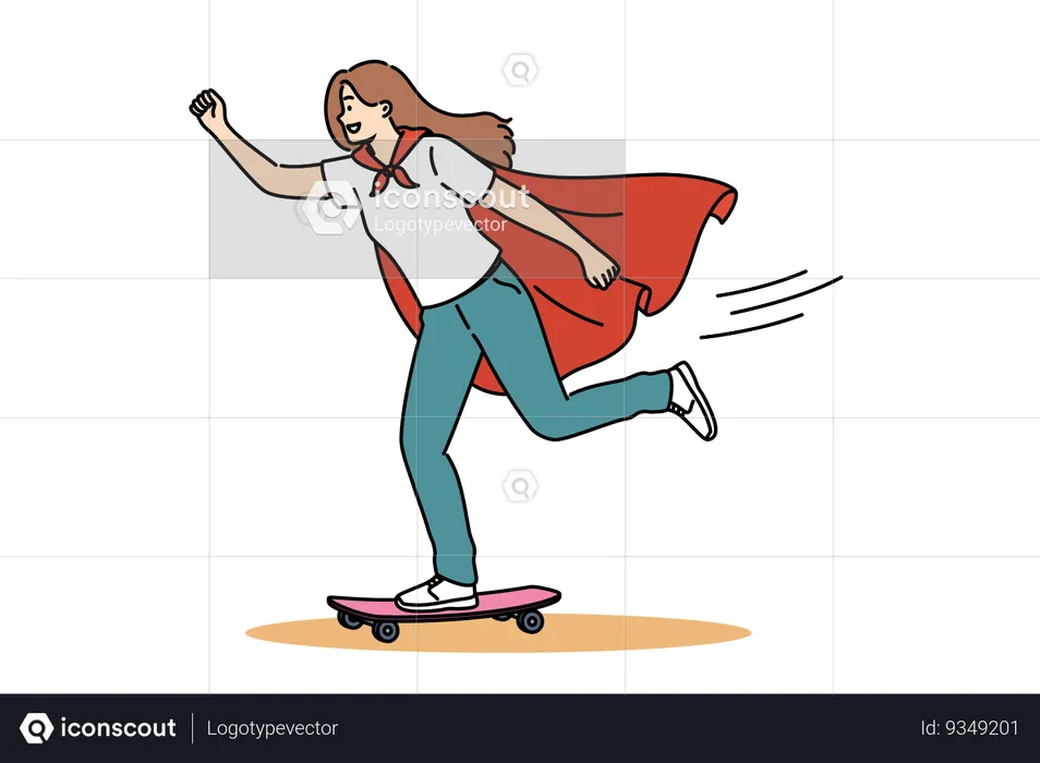 Woman in superhero cape uses skateboard to move around city and reach people in need of help  Illustration